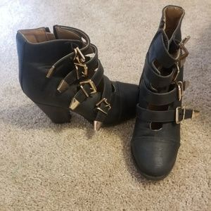 Wild Diva black heeled booties with gold buckles